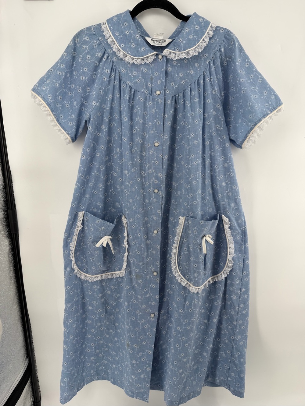 Vtg 70s Improved Living House Dress Sleepwear L Blue Floral Pearl Snap Cottage